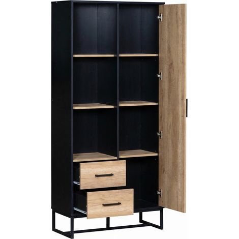 Meuble haut moderne 80x40x180 cm – aspect bois avec cadre noir, avec porte, 2 tiroirs et 3 compartiments ouverts – espace de rangement polyvalent pour salon, bureau et couloir (1/5)
