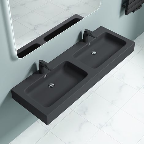 doporro Lavabo da Appoggio, Lavandino Bagno 140x48x13cm, Lavabo da Minerale Fuso Colossum830, due Fori per la Rubinetteria, Antracite Opaco (1/5)