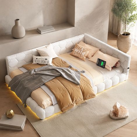 Lit de jour 140 x 200 cm avec sommier, éclairage d’ambiance 16 couleurs, USB et Type-C, blanc HAVRYA (1/5)