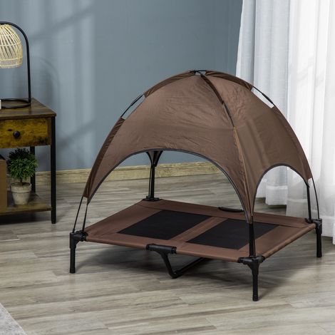 PawHut Cuccia rialzata per cani con baldacchino, lettino per animali domestici, sdraio da esterno per cani con tetto, traspirante, tessuto in taffetà per campeggio, colore caffè, 92 x 76 x 90 cm