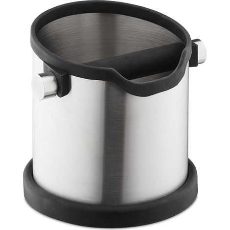 Relaxdays Abklopfbehälter Kaffeesatz, Gummi-Abklopfstange, für Siebträgermaschine, Abschlagbehälter, Edelstahl, silber
