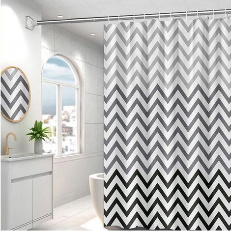 Rideau de douche à rayures ondulées pour enfants 120 x 180 cm, motif géométrique dégradé gris et blanc, matériau PEVA, imperméable, 8 crochets (1/5)