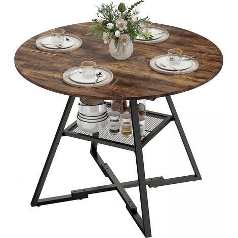 Runder Küchentisch für 4 Personen Ø 100 x 76 cm, rustikaler Esstisch mit großer Tischplatte und Ablagefläche, braunes Holzdesign, ideal für kleine Räume.