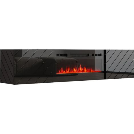 Mueble de TV Roxy 183 cm colgante tablero MDF negro brillante con chimenea eléctrica negra (1/5)