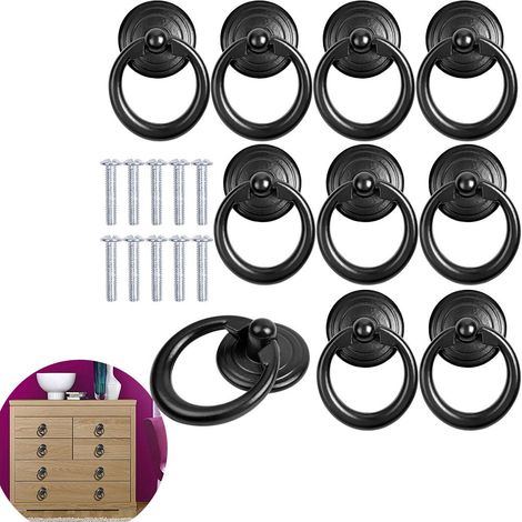 Poignée d'Armoire Metal Bouton de Porte Tiroir Bague Traction Classique Poignee Meuble Rond Poignées Tirage avec Vis 10 pcs Noir (1/5)