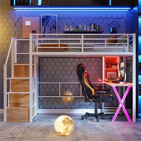 Lit mezzanine - GUTENT - 90x200 cm - Bureau intégré - Éclairage LED - Échelle de rangement (1/5)