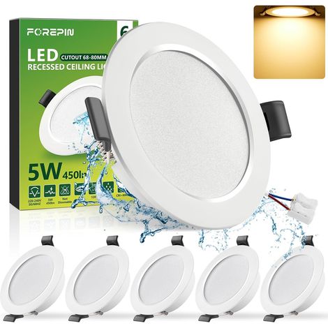 Spot LED Encastrable Extra Plat Blanc Chaud 3000K, 5W IP44 Spots de Plafond Encastre Pour Salle de Bain, Cuisine, Salon - Trou Ø68-80mm, Lot de 6 (1/5)