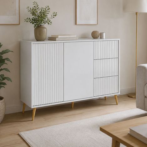 Credenza Lemosato, Kommode mit 3 Schubladen, 1 Einlegeboden, Flügeltür, Schiebetür, 135x40x98h cm Weiß (1/3)