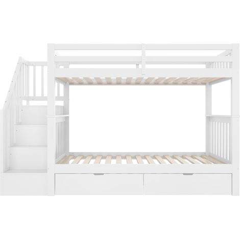 Etagenbett 90 x 200 cm mit Stauraumtreppe, 2 Schubladen, hohen Schutzgittern, Weiß (1/5)