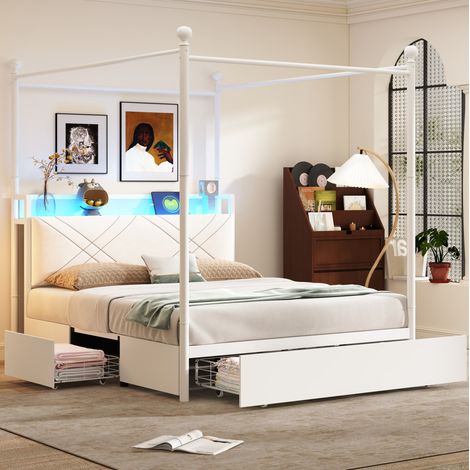 Cadre de Lit à Baldaquin Double 140 x 190 cm avec Lattes,rangement, éclairage LED USB Type C, style européen, blanc (1/5)