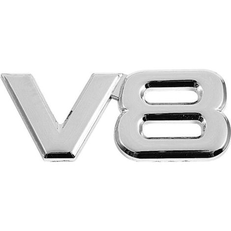 Autocollant emblème arrière de voiture V8 argenté 3D. 7.5 x 3.5 cm
