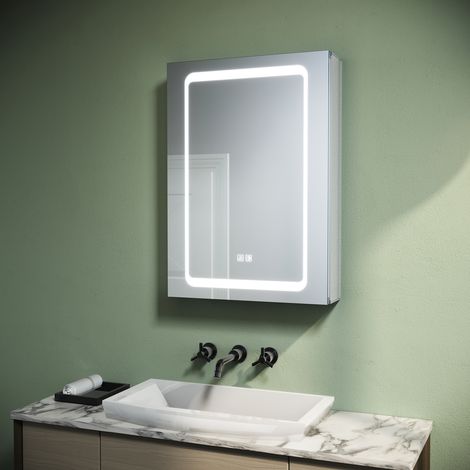 SONNI Aluminium Spiegelschrank LED mit Beleuchtung 50cm mit Touch Steckdose Beschlagfrei Badspiegel kabellosem Scharnier Design