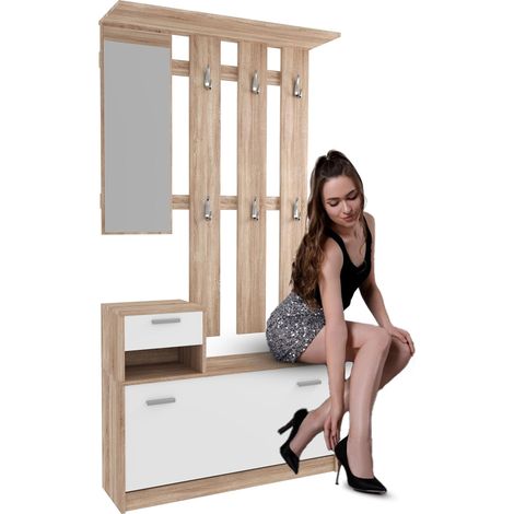 Mobile Belem Mobiletto da Ingresso con Scarpiera Appendiabiti e Specchio Arredo Arredamento Corridoio Entratina 97 x 35 x 25 cm (Bianco e Grigio Cemento) - Colore: Bianco e Quercia (1/5)