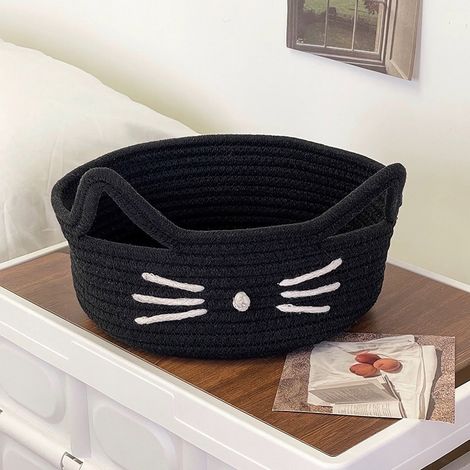 Panier Tissé Pour Chat - Panier En Corde De Coton Naturel Avec Oreilles Décoratives - Pour Jouets Animaux Ou Rangement Intérieur - Diamètre 23 Cm Hauteur 10 Cm - Noir - 1 Pièce (1/5)