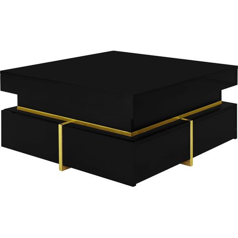ELVMI Couchtisch mit 2 Schubladen, Hochglanzoberfläche und goldfarbenen Details, für Wohnzimmer, Schwarz (1/4)