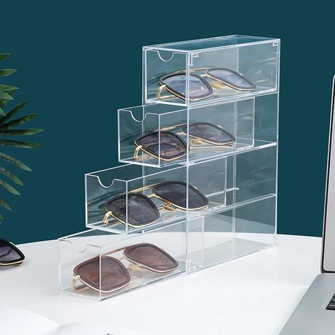 Étagère à lunettes 4 niveaux empilable, boîte de rangement transparente pour lunettes de soleil, organiseur pour bureau chambre (1/5)