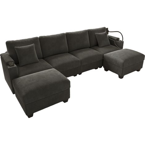 Modulares U-Ecksofa aus grauem Cordvelours mit Schlafunktion und USB (1/5)