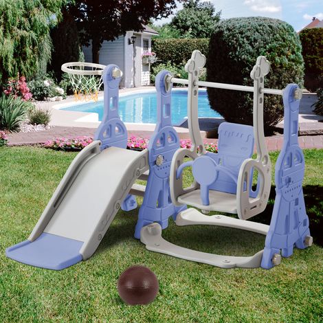 Toboggan pour Enfant 4 en 1, avec Panier de Basket, Escalier, échelle d'escalade, Enfant Balançoire Toboggans autoportant,Toboggan Intérieur et Extérieur, Bleu