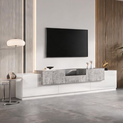 Meuble TV en blanc effet béton avec portes tiroir et étagère (1/5)