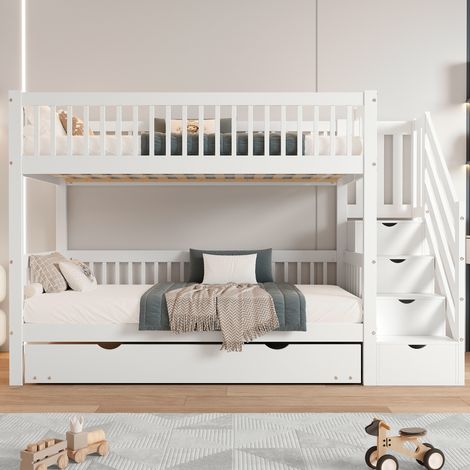 Lit superposé enfant avec tiroir coulissant, échelle et armoire intégrées, rampe de protection latérale, pin et MDF blanc, 90x200/190cm