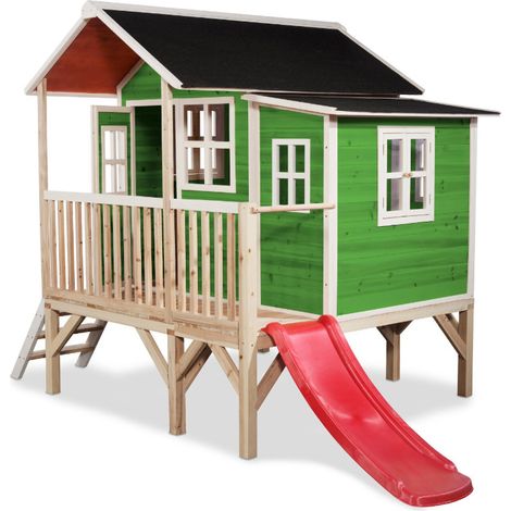 Exit Toys – Cabane de jardin pour enfant en bois de cyprès certifié FSC – Dimensions 350x150cm – Toit en bitume étanche – Avec échelle et toboggan