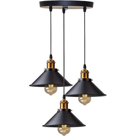 KLVGTIFS PU - Suspension à 3 ampoules, style industriel rétro, suspension en métal de type Edison avec support circulaire, Ø 22 cm, noire