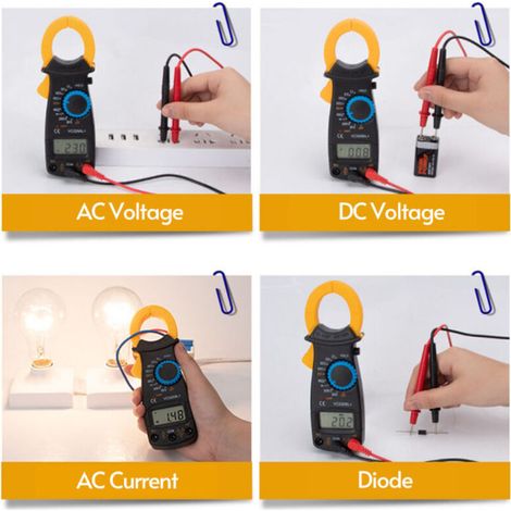 Das digitale Zangenmultimeter misst Widerstand, Wechsel- und Gleichspannung, Masse und stromführende Dioden (gelb-Crezuo).