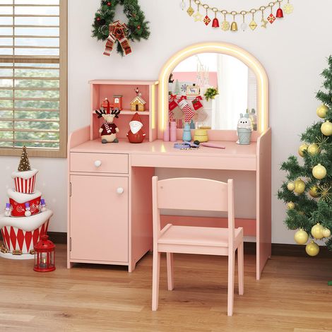 Rangement facile avec cette coiffeuse enfant, miroir LED, tiroir et placard pour chambre ou salle de jeux (1/5)