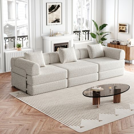 Sofá cama 2 en 1 de chenilla con almacenaje en el reposabrazos, metal, caqui, 3 plazas (1/5)