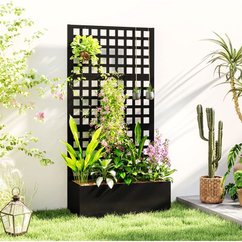 Jardinière avec treillis. brise-vue. lit surélevé de jardin acier galvanisée. pour grimpantes. plantes 89x40x178cm. noir (1/4)