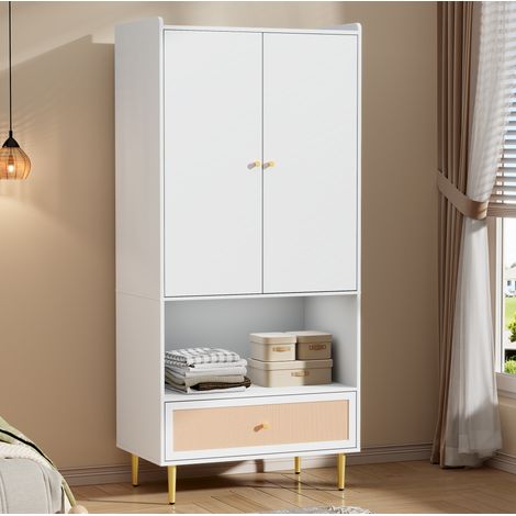 Armario de 2 puertas con cajón efecto ratán y barra 80 x 48 x 175 cm blanco y natural DESVIAE (1/5)