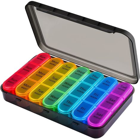 Pilulier 7 jours, boîte de rangement pour médicaments 3 fois par jour, organisateur de comprimés hebdomadaire, étui distributeur de voyage étanche à l'humidité et sans BPA (1/4)