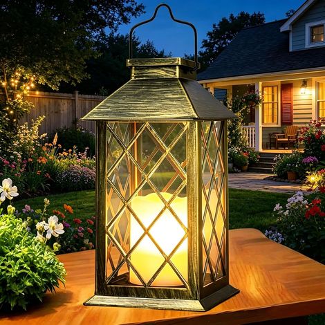 Lot de 1 Lanterne Solaire Extérieure 34 cm avec Effet Bougie LED, Verre Trempé, Étanche, Lampe de Table et Suspension pour Jardin et Balcon, Bronze (1/5)