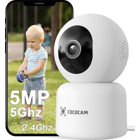 Caméra de surveillance COCOCAM 5MP WiFi intérieur Détection de mouvement AI, suivi auto, audio bidirectionnel, PTZ 355°/90°, stockage TF/cloud, 24h enregistrement, pour bébé/animaux (1/5)