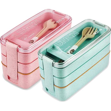 Boîte À Lunch Bento - 3 Compartiments Empilables - Étanche - Micro-Ondes Et Lave-Vaisselle - Fibres De Blé Et PP Sans BPA - Lot De 2 (1/5)