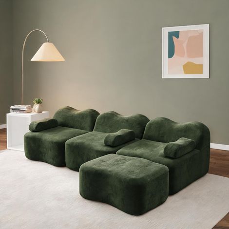 Canapé d'angle en velours vert 3 places avec pouf (1/5)