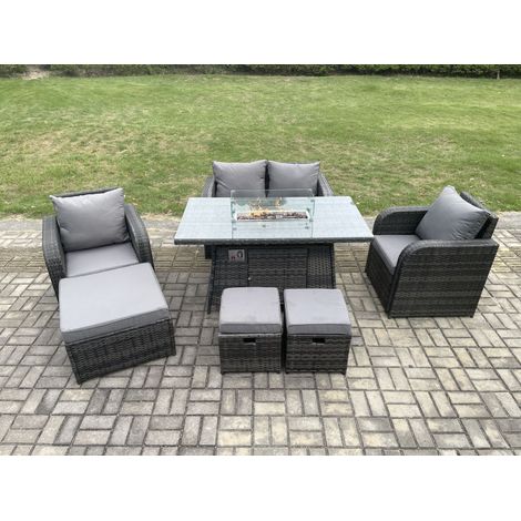 Fimous Rattan Gartenmöbel Set Outdoor Patio Gas Feuerstelle Esstisch und Stühle mit 3 Fußhocker (1/5)