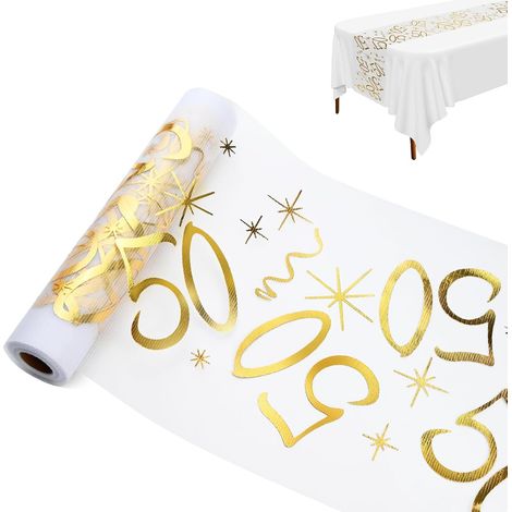 Camino de mesa dorado metálico para el 50 aniversario, 28 x 1000 cm. Feliz 50 aniversario. Decoración para bodas y aniversarios. (1/4)