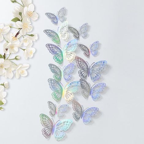 Set di 48 adesivi murali 3D a forma di farfalla in 4 colori (oro, oro rosa, argento, olografico) – Farfalle decorative 3D in 3 dimensioni, autoadesive per soggiorno, camera da letto o decorazioni per (1/4)