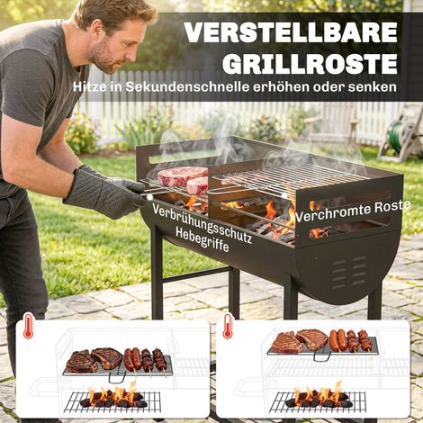 Barbecue à charbon sur chariot, 2 zones de cuisson, grille réglable en hauteur, étagère à bois, roues, poignée latérale, 103 x 46,5 x 100 cm (1/5)
