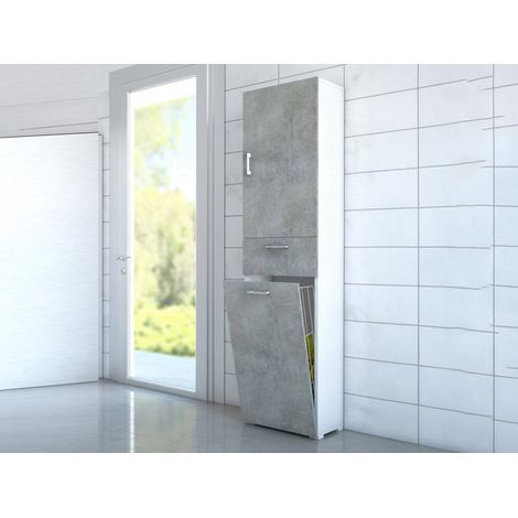 Dmora - Mehrzweckschrank Dcosim, Linearer Wäscheschrank mit 2 Türen, Badezimmersäule mit Wäschekorb, 100% Made in Italy, 45x32h195 cm, Beton und Weiß (1/5)