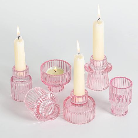 Lot de 6 photophores en verre 2 en 1 transparents - Petits bougeoirs pour bougies à tige - Pour décoration de table de mariage, table à manger, fête, Noël - Rose (1/5)
