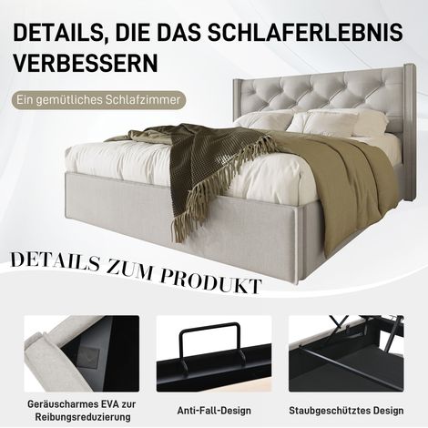Lit hydraulique capitonné 140x200 cm, sommier métallique à lattes, cadre moderne avec coffre de rangement, tissu coton, gris clair (1/5)