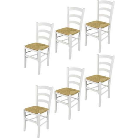 Tommychairs - Set 6 sedie modello Venezia per cucina bar e sala da pranzo, robusta struttura in legno di faggio laccata bianco e seduta in paglia (1/5)