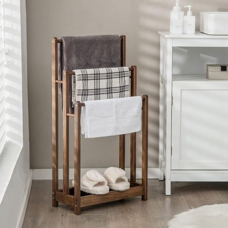 COSTWAY Toallero de Pie con 3 Barras,Toallero de 3 Niveles con Estante Inferior, Soporte para Toallas, Madera de Abeto Macizo, Dispositivo contra Caídas, 45,5 x 22 x 86 cm (1/5)