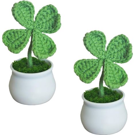 Set of 2 clovers to four sheets in pot made to the hand in hook - Plant artificial knitted for the Saint Patrick - Decoration of panel of edge of car - Style A green (1/5)