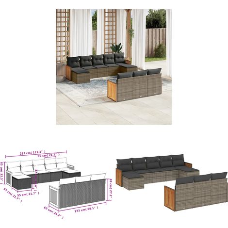 10-tlg. Garten-Sofagarnitur mit Kissen Grau Poly Rattan - Gartenmöbel - Sofagarnitur - Rattan Möbel - Outdoor Möbel - Lounge Set - Home & Living (1/3)