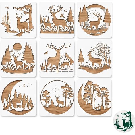 9 Pièces Pochoirs Animaux Forêt, Set Motifs Cerf, Arbres Et Lune, 10x10cm, Pochoirs Réutilisables, Pour Bois, Toile, Mur, Meubles, Artisanat DIY, Décoration Maison, Plastique, Robuste (1/5)