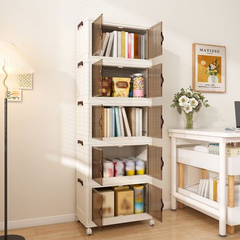 Armoire de rangement pliable en PP – Portes magnétiques anti-poussière – 5 niveaux – 4 roulettes dont 2 verrouillables – Montage sans outil – 53×30×156 cm (1/5)