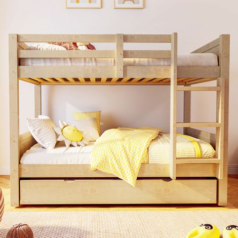 Cama litera 90x200 cm - Con cama nido, escalera, barandilla y somier de lamas - En madera - Madera (1/5)